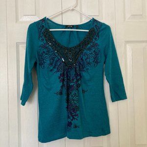 Apt. 9 Teal 3/4 Sleeve Knit Top with Beaded Neckline Petite Small